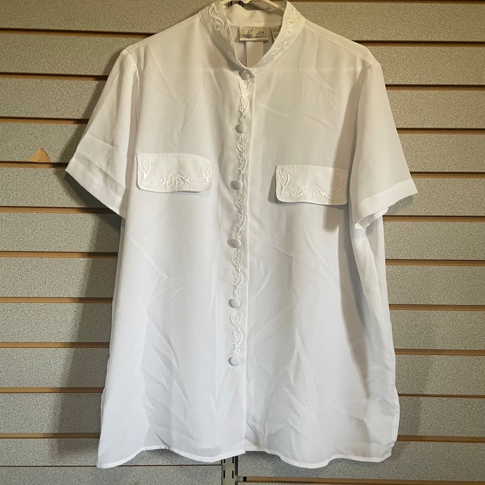 Kathie Lee White Embroidered Mandarin Collar Button Down Tunic Top 16W